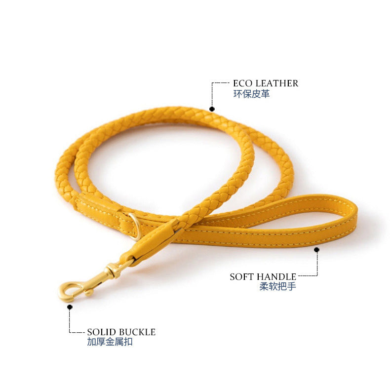 Soft Woven Leather Gold Metal Dog Anti-Pull Leash Pet Collar Set