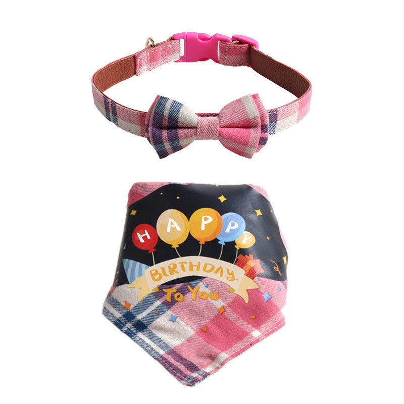 Plaid Pattern Birthday Triangle Towel Saliva Bib Bow Pet Collar