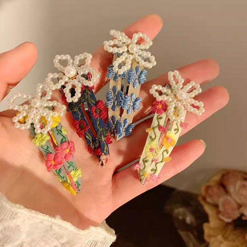 Pearl Beaded Flower Embroidery Fabric Hair Clip Hair Accessories Wholesale