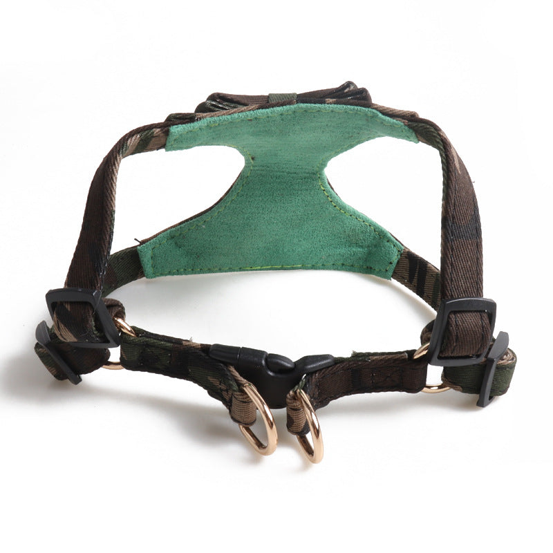 Camouflage Bow Fabric Leather Pet Dog No Choking Harness Leash Set