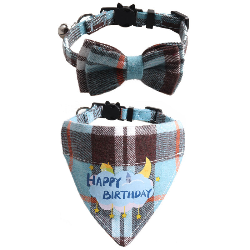 Plaid Birthday Triangle Towel Cotton Pet Saliva Bib Bow Collar