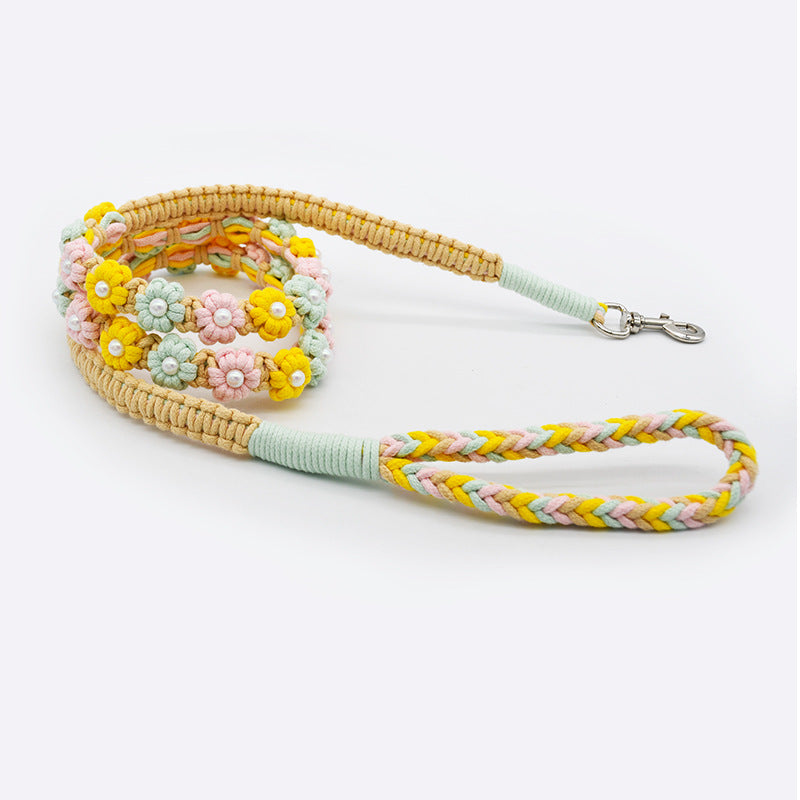Hand Woven Flower Rope Dog Leash P-Type Metal Chain Collar Set