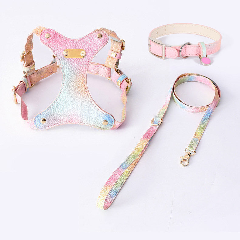 Gradient Waterproof Soft Leather No Choking Pet Harness Leash Collar