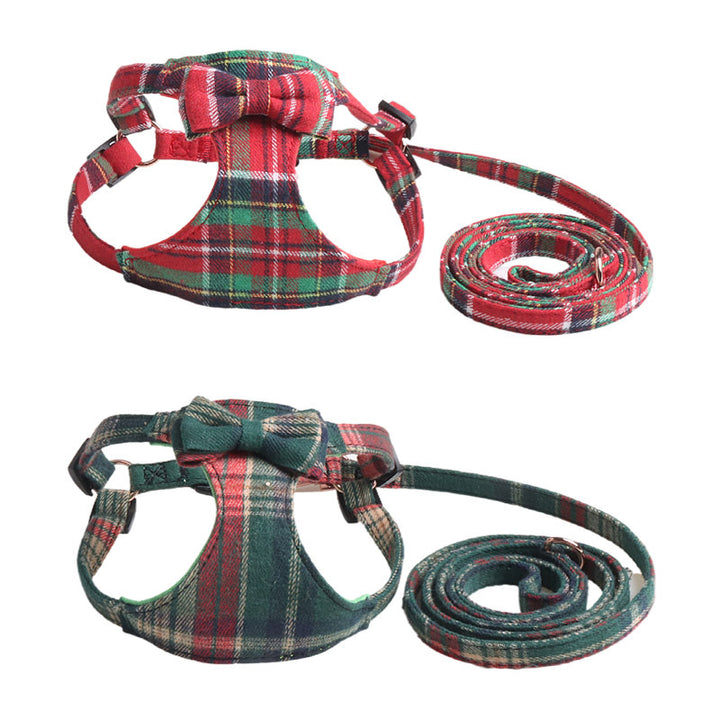 Christmas Red Green Plaid Pet Dog No Choking Harness Leash Set