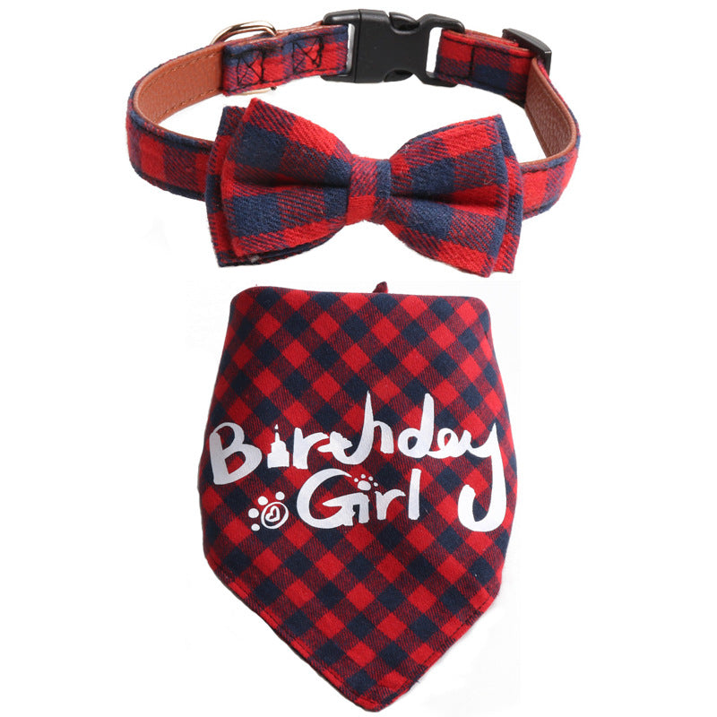 Plaid Pattern Birthday Triangle Towel Saliva Bib Bow Pet Collar