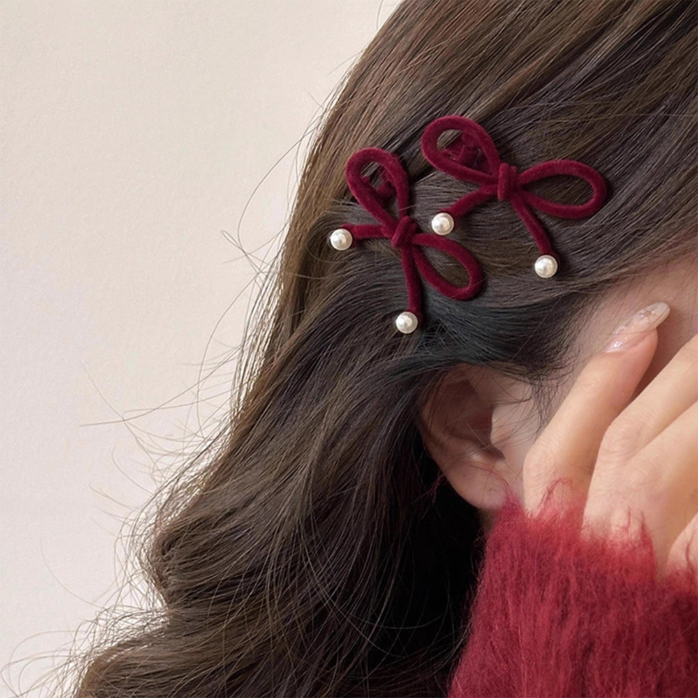 Christmas Red Flocking Bow Bangs Hair Clip Hair Accessories Wholesale