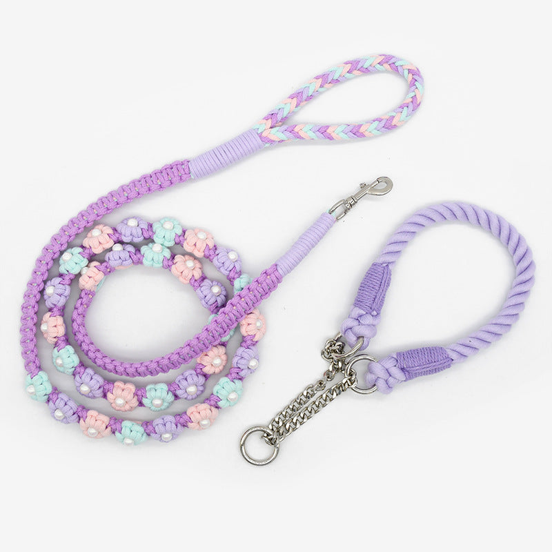 Hand Woven Flower Rope Dog Leash P-Type Metal Chain Collar Set