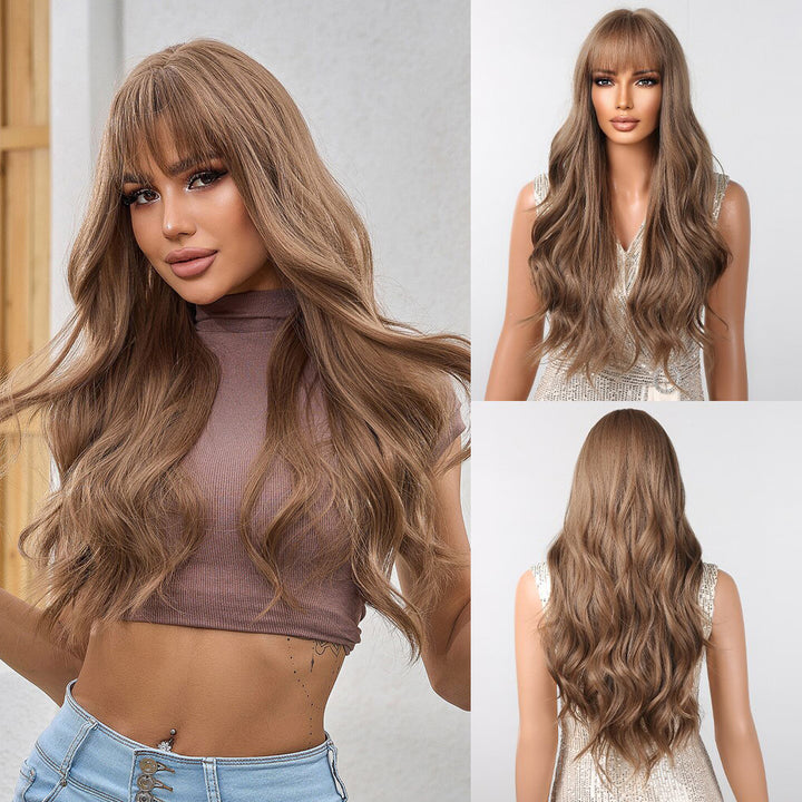 Neat Bangs Gradient Brown Long Curly Hair Fluffy Headgear Wig Wholesale