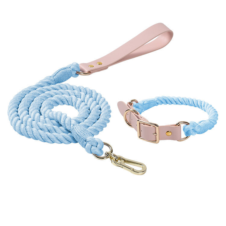 Hand Woven Colored Cotton Rope Large Dog Collar Anti-Pull Leash Set