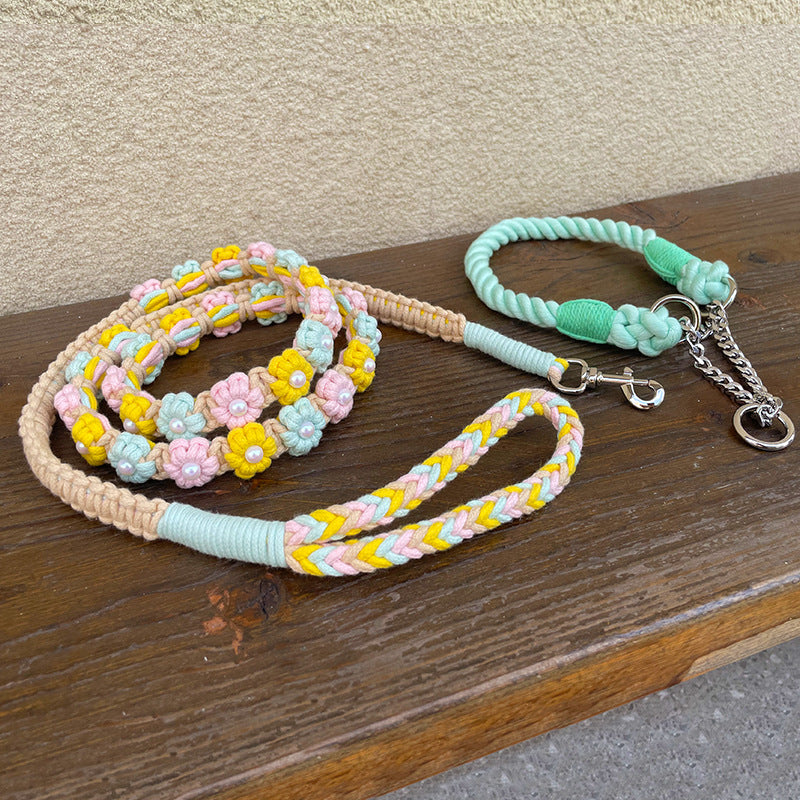 Hand Woven Flower Rope Dog Leash P-Type Metal Chain Collar Set