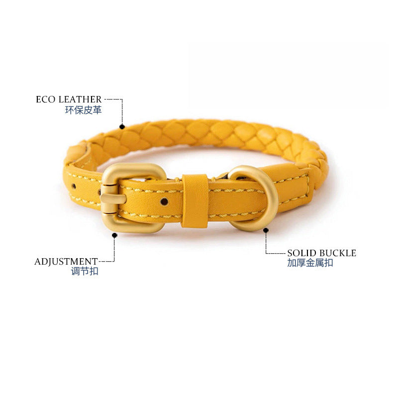 Soft Woven Leather Gold Metal Dog Anti-Pull Leash Pet Collar Set