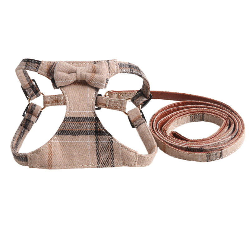 Classic Plaid Bow Suede Nap Pet Dog No Choking Harness Leash Set