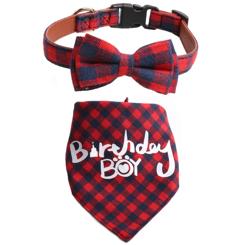 Plaid Pattern Birthday Triangle Towel Saliva Bib Bow Pet Collar