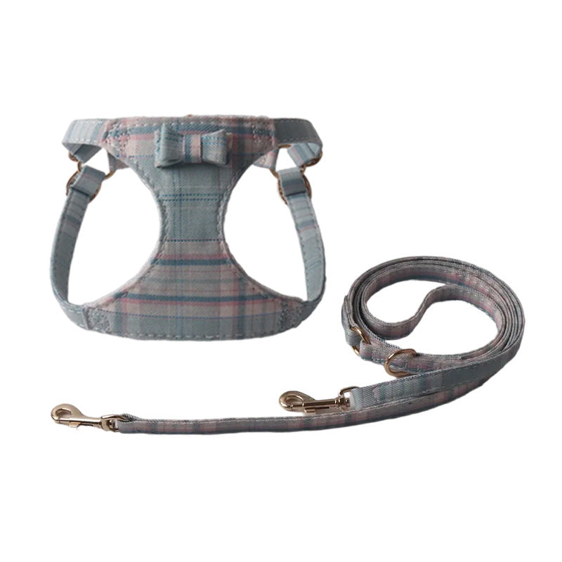 Breathable Mesh Plaid Fabric Pet Dog No Choking Harness Leash Set
