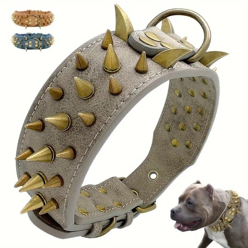 Bullet Rivet Large Dog Adjustable Retro PU Leather Pet Collar