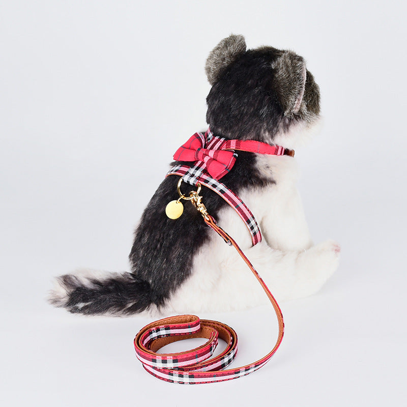 Plaid Fabric Leather Soft No Choking Small Pet Harness Leash Set