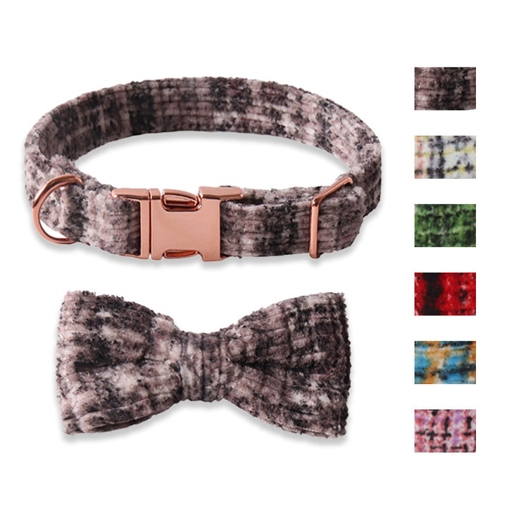 Plaid Corduroy Plush Gold Buckle Pet Dog Cat Collar with Bow