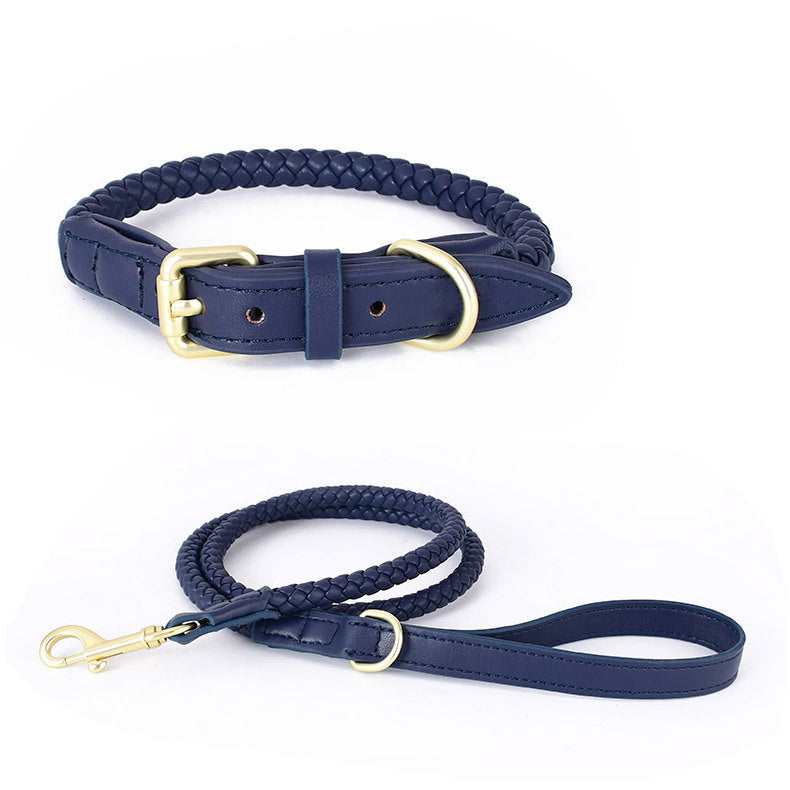 Soft Woven Leather Gold Metal Dog Anti-Pull Leash Pet Collar Set