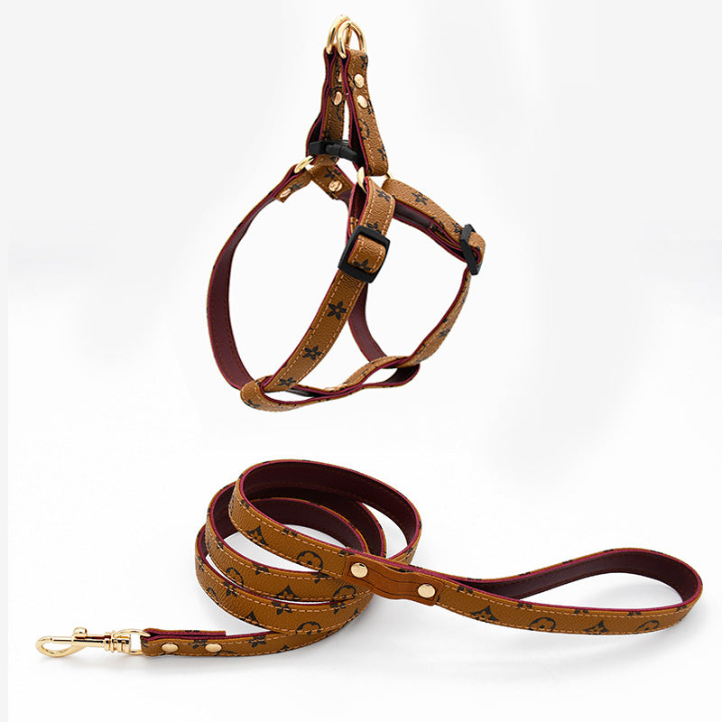 Printed Soft Leather Comfortable No Choking Pet Harness Collar Set