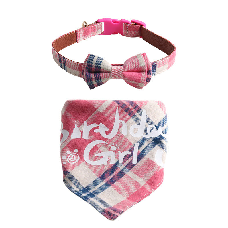 Plaid Pattern Birthday Triangle Towel Saliva Bib Bow Pet Collar