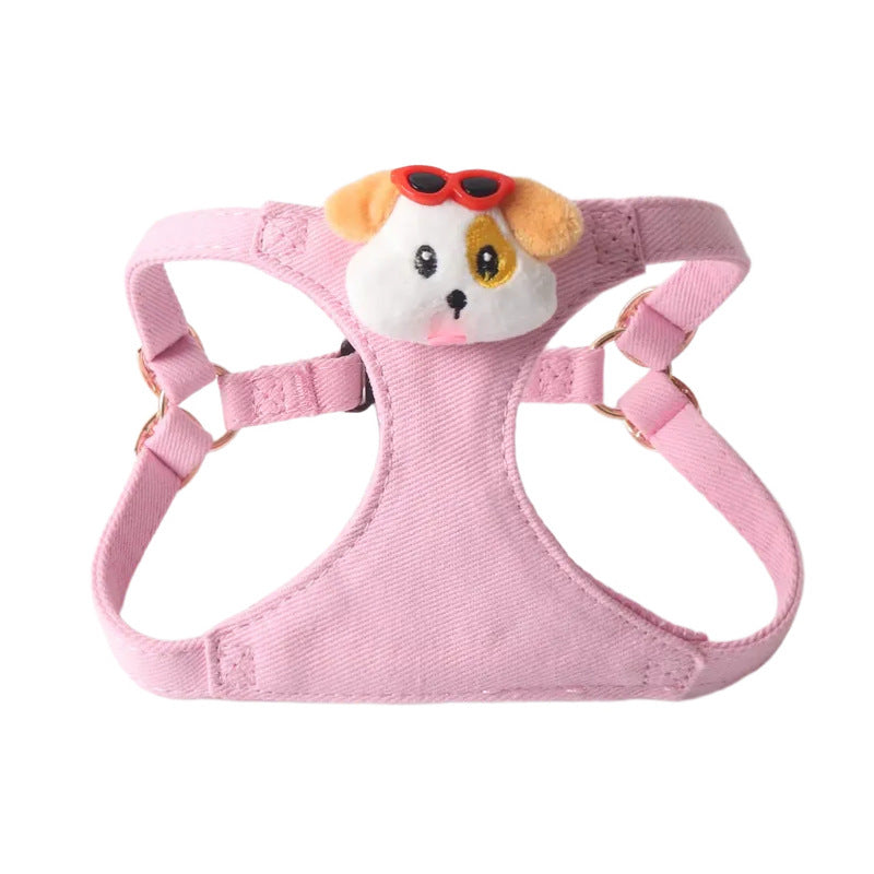 Cute Doll Denim Comfortable Pet Dog No Choking Harness Leash Set