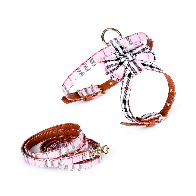 Plaid Fabric Leather Soft No Choking Small Pet Harness Leash Set