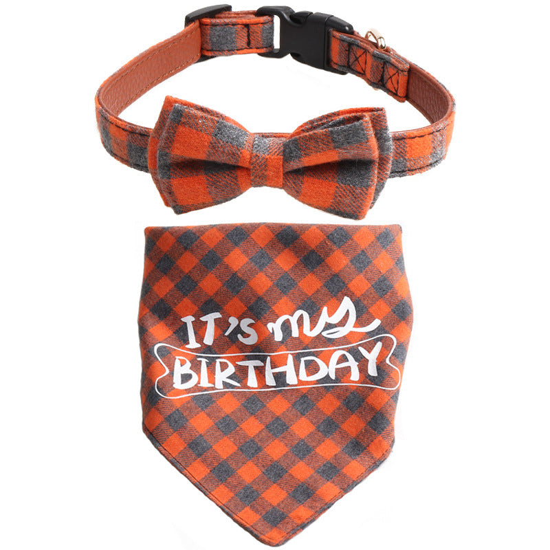 Plaid Pattern Birthday Triangle Towel Saliva Bib Bow Pet Collar