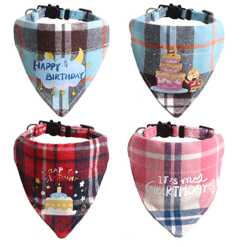 Plaid Birthday Triangle Towel Cotton Pet Saliva Bib Bow Collar