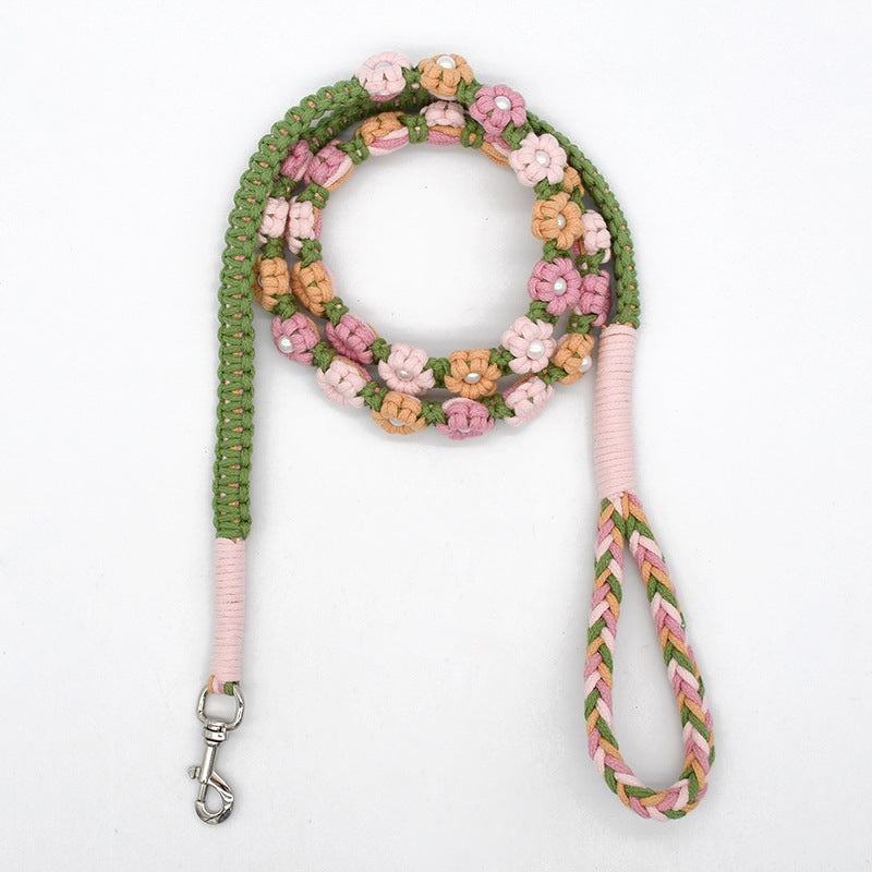 Hand Woven Flower Rope Dog Leash P-Type Metal Chain Collar Set