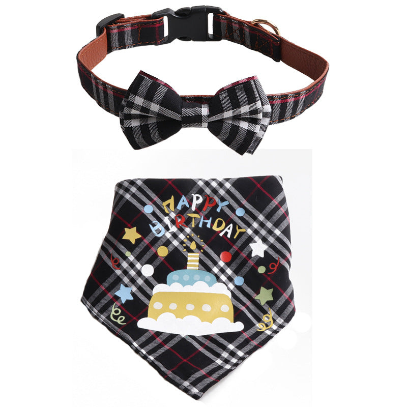 Plaid Pattern Birthday Triangle Towel Saliva Bib Bow Pet Collar