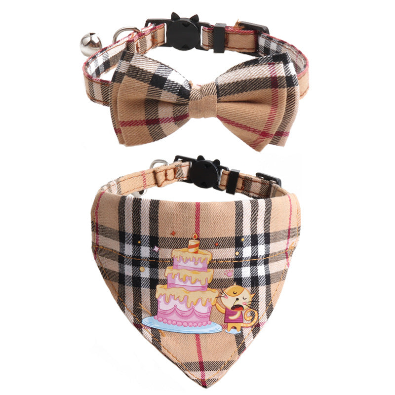 Plaid Pattern Birthday Triangle Towel Saliva Pet Bib Bow Collar