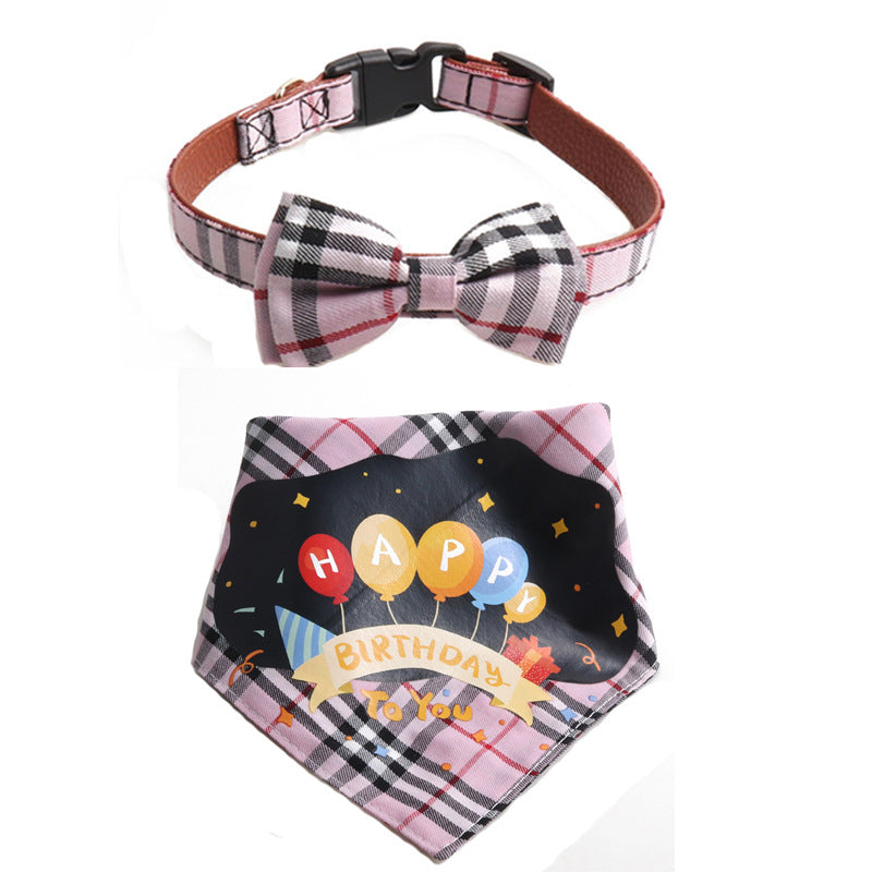 Plaid Pattern Birthday Triangle Towel Saliva Bib Bow Pet Collar