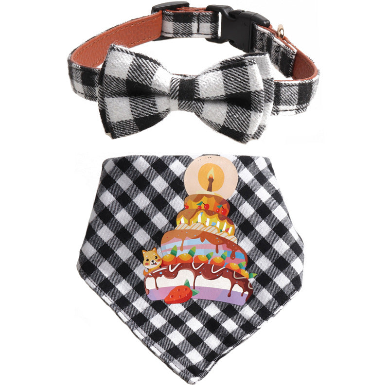 Plaid Pattern Birthday Triangle Towel Saliva Bib Bow Pet Collar