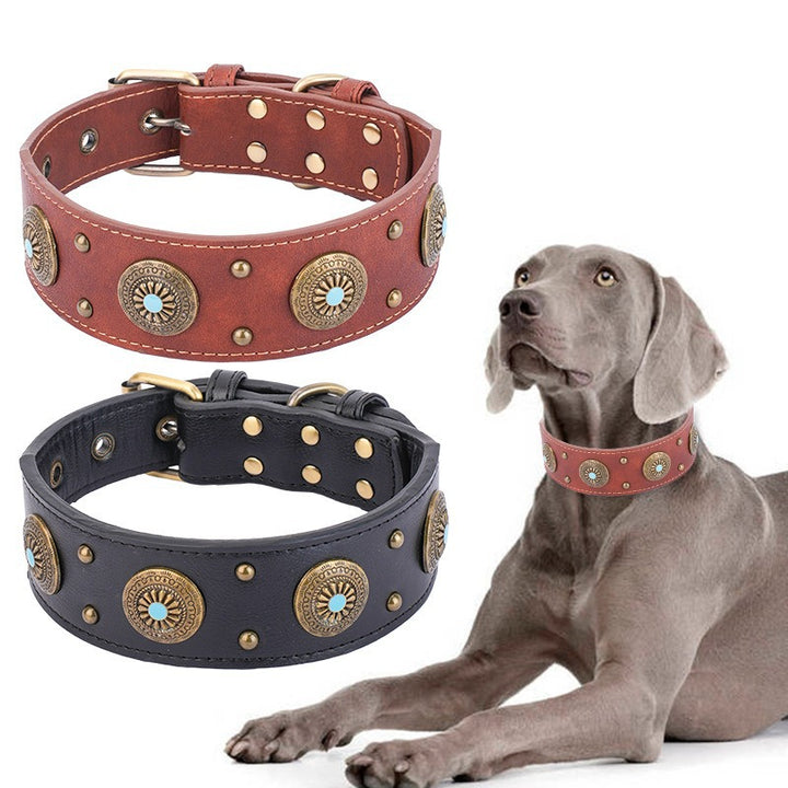 Retro Bronze Decorative Rivets Leather Adjustable Large Dog Collar