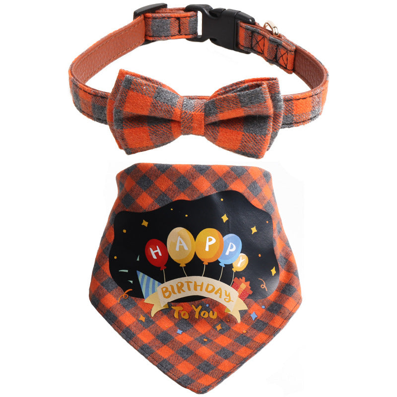Plaid Pattern Birthday Triangle Towel Saliva Bib Bow Pet Collar