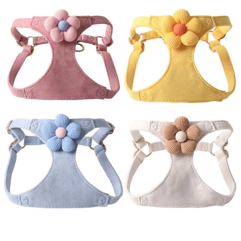 Candy Color Velvet Flower Pet Dog No Choking Harness Leash Set