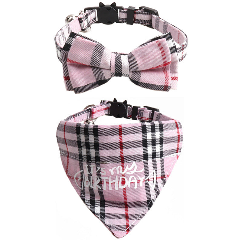 Plaid Pattern Birthday Triangle Towel Saliva Pet Bib Bow Collar