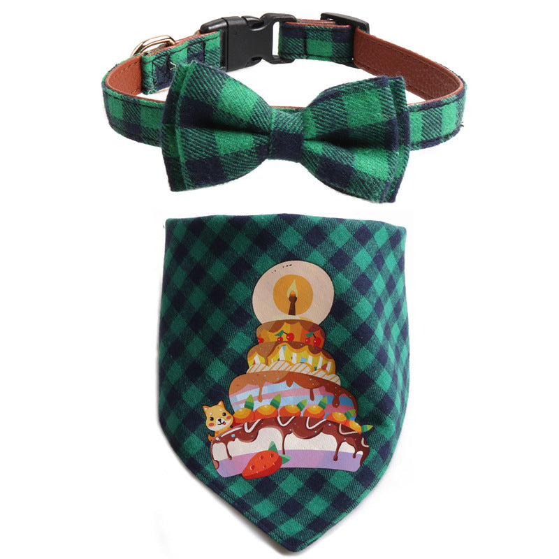 Plaid Pattern Birthday Triangle Towel Saliva Bib Bow Pet Collar