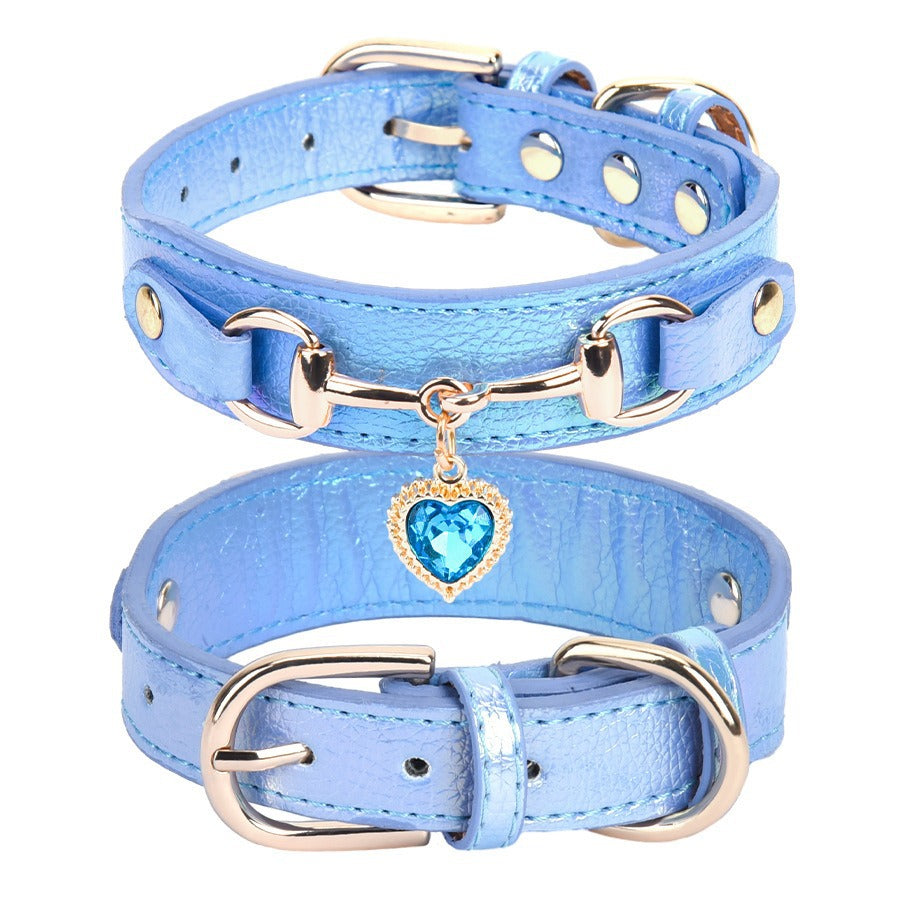 Heart Rhinestone Alloy Pendant Leather Adjustable Pet Dog Collar