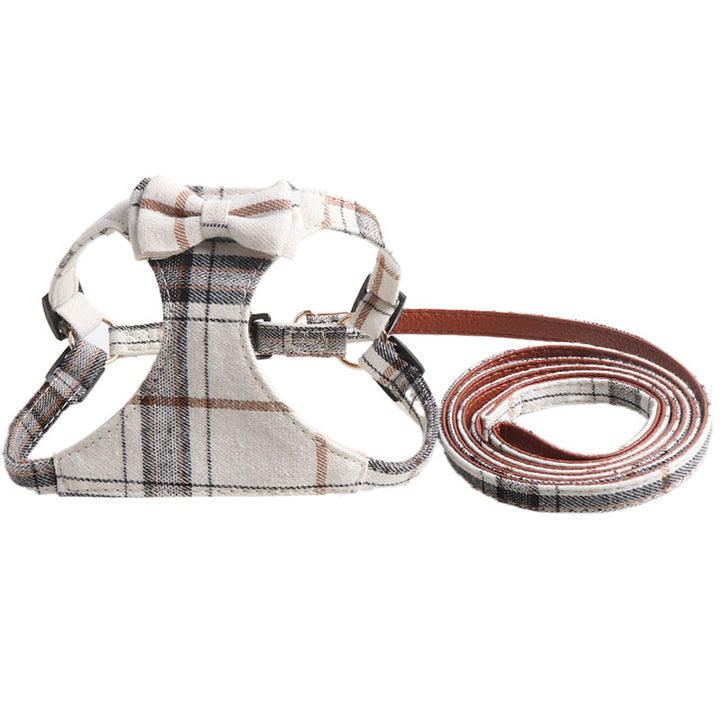 Classic Plaid Bow Suede Nap Pet Dog No Choking Harness Leash Set