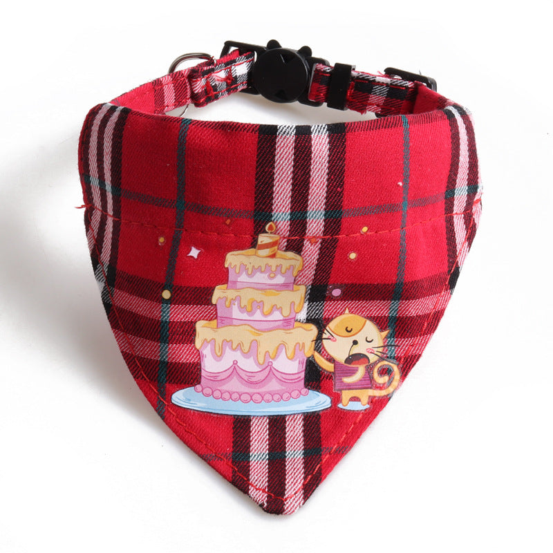 Plaid Pattern Birthday Triangle Towel Saliva Pet Bib Bow Collar