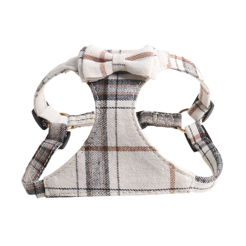 Classic Plaid Bow Suede Nap Pet Dog No Choking Harness Leash Set