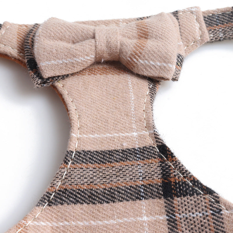 Classic Plaid Bow Suede Nap Pet Dog No Choking Harness Leash Set