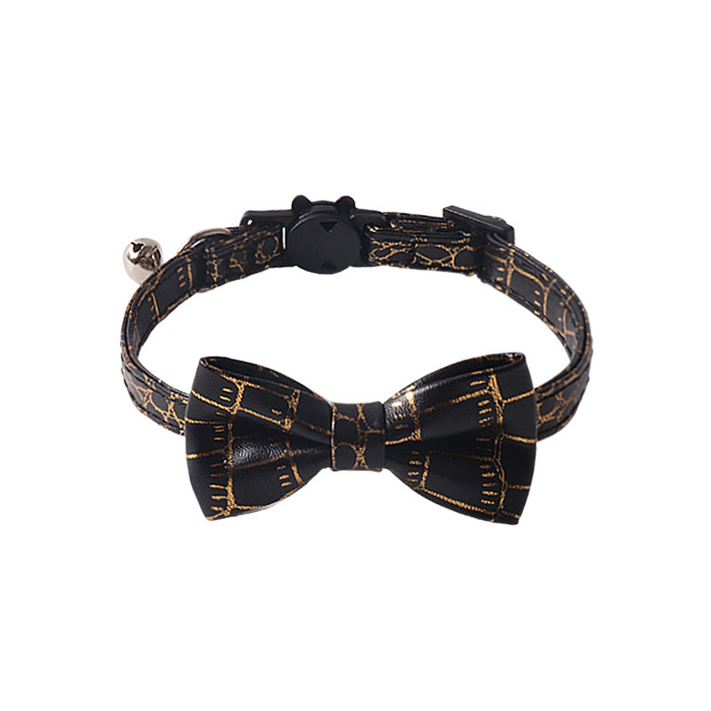 Hot Stamping Gold Soft PU Leather Bow Pet Cat Collar with Bell