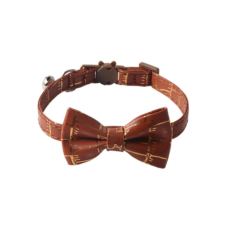 Hot Stamping Gold Soft PU Leather Bow Pet Cat Collar with Bell