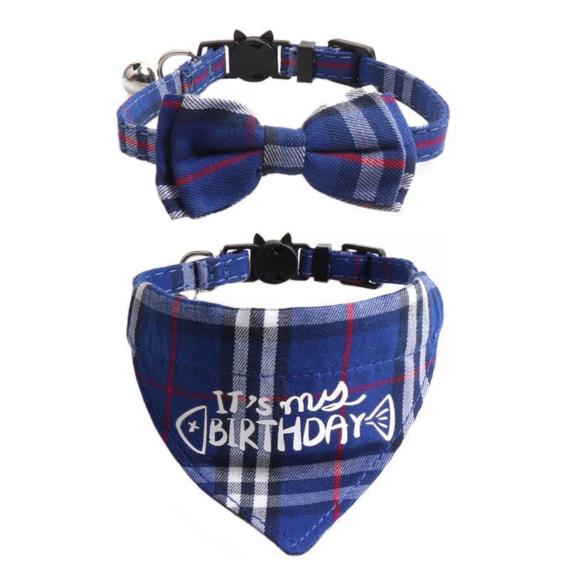 Plaid Pattern Birthday Triangle Towel Saliva Pet Bib Bow Collar