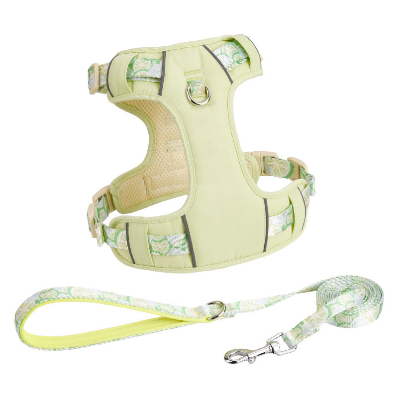 Printed Strap Breathable Reflective Pet Dog Harness Leash Set