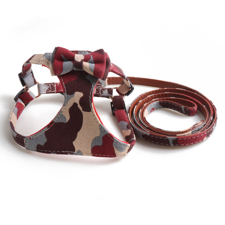 Camouflage Bow Fabric Leather Pet Dog No Choking Harness Leash Set