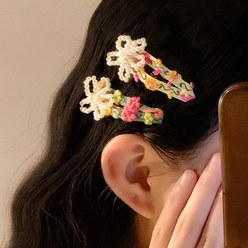 Pearl Beaded Flower Embroidery Fabric Hair Clip Hair Accessories Wholesale