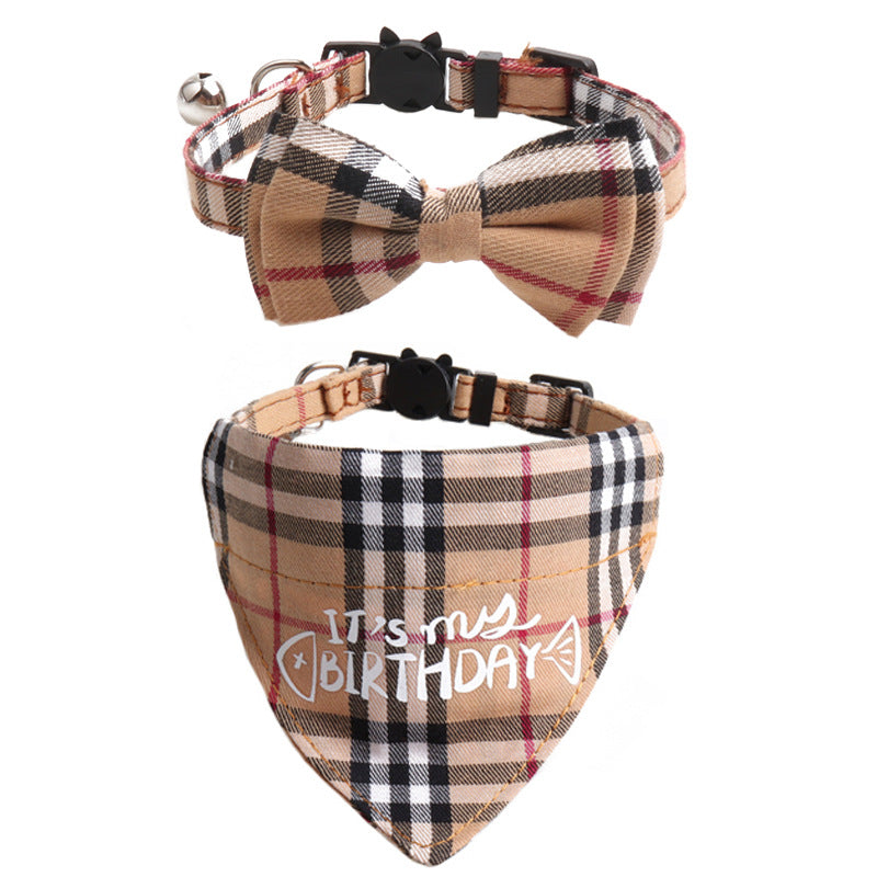 Plaid Pattern Birthday Triangle Towel Saliva Pet Bib Bow Collar